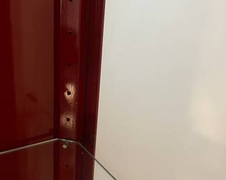 C22 - $550. Red Lacquered Display Cabinet. 2 doors. 3 adjustable glass shelves. Made in Sweden by Skaraborgs Mobler AB. Measures 31.5" x 13.5" x 69" tall. Very good condition.