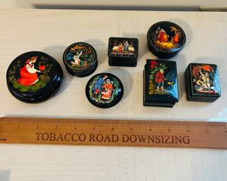 C120 - $75. 7 Piece. Russian Folk Art Hand Painted Black Lacquer Trinket Boxes.