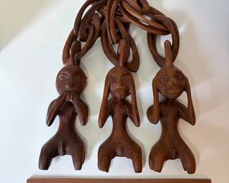 C87 - $80. Vintage African Hand Carved Wood Monkeys. See, Hear and Speak No Evil. Measures 15" W x 13.5 Tall