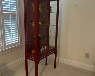 C22 - $550. Red Lacquered Display Cabinet. 2 doors. 3 adjustable glass shelves. Made in Sweden by Skaraborgs Mobler AB. Measures 31.5" x 13.5" x 69" tall. Very good condition.