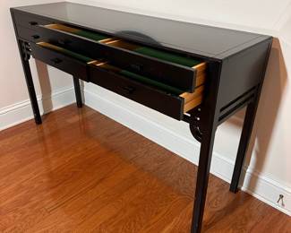 C25 - $550. Black Lacquered Entry Table. From Skaraborgs Mobler. Made in Sweden. Measures 59" x 17" x 33.5" tall. 6 felt lined drawers all slide easily. Very good condition. One white scuff on the front and minor paint chipping on the legs.