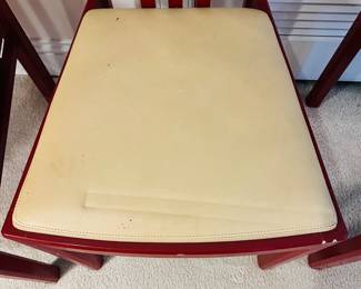 C125 - $200. Set of 6 Red Lacquered Chairs. Leather seats - would be very easy to recover. Very good vintage condition, normal wear & tear, scuffs. See photos.