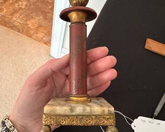C129 - $225. 1850's 4 Piece Austrian Stone and Brass Desktop Set. Measures Letter opener 7" W x 3" Tall, Candle Holder 3" W x 7.25" Tall