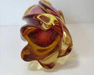 C92 - $50. Bohemia Twisted Glass Vase in Amber & Pink. (Likely Josef Hospodka). Measures 11.75" Tall