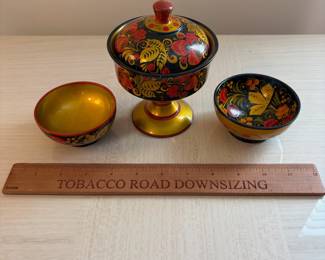 C102 - $20. Set of Russian USSR Khokhloma Hand Painted Wood Pedestal Sugar Bowl and 2 Small Bowls.