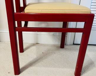 C125 - $200. Set of 6 Red Lacquered Chairs. Leather seats - would be very easy to recover. Very good vintage condition, normal wear & tear, scuffs. See photos.