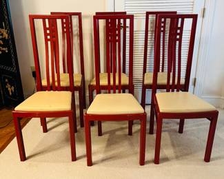 C125 - $200. Set of 6 Red Lacquered Chairs. Leather seats - would be very easy to recover. Very good vintage condition, normal wear & tear, scuffs. See photos.
