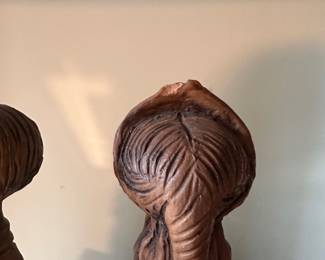 C13 - $125. PAIR of Margit Kovacs Figurines. Mid Century Terra Cotta Figurines by well known Hungarian artist, Margit Kovacs (1902-1977). Girl has chip on the back of her hat. No issues with the boy noted. Measures 10" tallest point.
