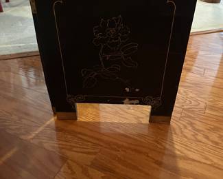 C168 - $175. 4 Panel Screen / Room Divider with soapstone figures. In fair condition - see photos. Slight water damage to one leg. Has been wall mounted but stands freely!