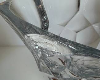C91 - $25. Large, Heavy Shannon Clear Lead Crystal Flower Vase. Measures 14" tall.