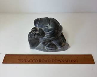 C96 - $125. Vintage Eskimo Art. Inuit. Signed Hand Carved Soapstone. Measures 6" W x 4.5" Tall