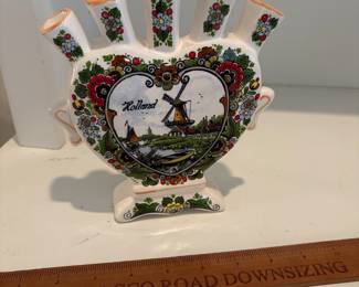 C67 - $35. Delfts Heart Shaped Tulip Vase. Measures 7.25" tall. (Agro Delts Blauw Holland 477)