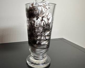 C27 - $80. Bohemian Glass Pokal Schwarzlot. Single glass with hunting scene. There is a bubble near the top rim - not a chip, defect in the handblown glass.