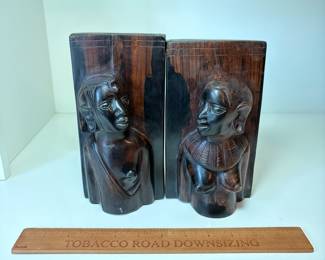 C88 - $20. Vintage African Hand Carved Wood Bookends Man and Woman. Measures 8" Tall