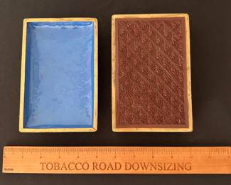 C64 - $75. Chinese Cinnabar Lacquered Box with Blue Enamel Interior. Measures 5.75" x 3.75" x 2.25" tall.