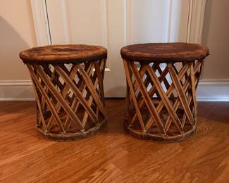 C141 - $60 PAIR Leather Top Stools / Side Tables. Measures 17" across x 17.5" tall.