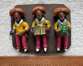 C51 - $40. Vintage Brazilian Folk Art Band Clay Wall Hanging. Signed Leonaldo. Measures 3 People- 5.75" x 4.75", 5 People 7.25" x 3.75".