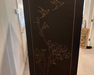 C168 - $175. 4 Panel Screen / Room Divider with soapstone figures. In fair condition - see photos. Slight water damage to one leg. Has been wall mounted but stands freely!