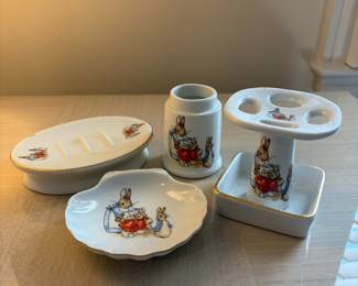 C109 - $25. Reutter Porzellan porcelain bathroom set features classic Beatrix Potter Peter Rabbit illustrations with gold trim