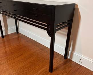 C25 - $550. Black Lacquered Entry Table. From Skaraborgs Mobler. Made in Sweden. Measures 59" x 17" x 33.5" tall. 6 felt lined drawers all slide easily. Very good condition. One white scuff on the front and minor paint chipping on the legs.