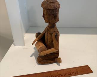 C66 - $15. Vintage Asian Bali Indonesian Hand Carved Wood Figure. Measures 10.25" Tall. The hat has a chip.
