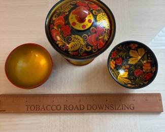 C102 - $20. Set of Russian USSR Khokhloma Hand Painted Wood Pedestal Sugar Bowl and 2 Small Bowls.