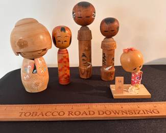 C145 - $30. Lot of 5 Small Kokeshi Dolls.