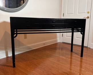 C25 - $550. Black Lacquered Entry Table. From Skaraborgs Mobler. Made in Sweden. Measures 59" x 17" x 33.5" tall. 6 felt lined drawers all slide easily. Very good condition. One white scuff on the front and minor paint chipping on the legs.