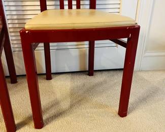 C125 - $200. Set of 6 Red Lacquered Chairs. Leather seats - would be very easy to recover. Very good vintage condition, normal wear & tear, scuffs. See photos.