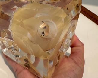 C68 - $40. Chinese reverse painted paper weight on stand. Small chip on the stand. Measures as a 3" cube. Base adds .75".