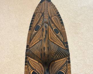 C158 - $140. Papua New Guinea Sepik River Hand Made Wood Mask. Cowrie Shell Eyes. Measures 12" W x 41" Tall