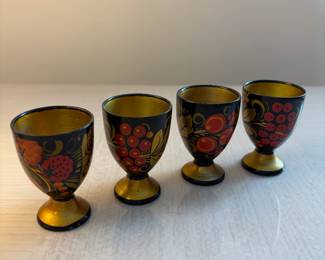 C103 - $15. Set of 4. Russian USSR Khokhloma Hand Painted Wood Shot Glasses.