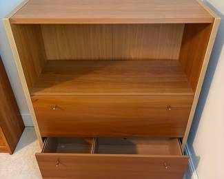 C2 - $50. 2 drawer filing cabinet - needs minor repairs but solid! Measures 37.5" wide x 15.5" deep x 42.75" tall. Made in Denmark stickers - no brand found. Bottom drawer base needs to be renailed / glued. Back needs reglued/nailed.