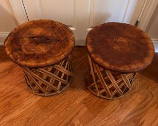 C141 - $60 PAIR Leather Top Stools / Side Tables. Measures 17" across x 17.5" tall.