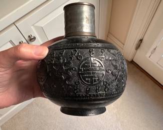 C155 - $85. Chinese Tea Caddy carved out of a coconut shell. Metal lined with lid that could also be a cup.