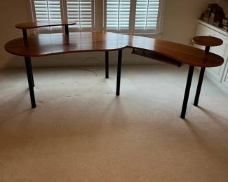 C16 - $60. 2 Piece Desk Set - Kidney shape measures 62" wide x 32.5" deep x 28.25" tall. Right piece measures 45.5" x 19.75" x 28.25" tall.