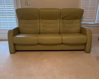 C4 - $500. Fjords Leather Reclining Sofa. *HAS CAT DAMAGE* Measures 76" x 30" x 40" tall. No holes or rips but significant scratches on the arms and back - see photos! If you have cats and this is going to happen anyways this is a great price for a high quality leather couch!