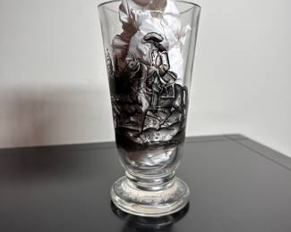 C27 - $80. Bohemian Glass Pokal Schwarzlot. Single glass with hunting scene. There is a bubble near the top rim - not a chip, defect in the handblown glass.