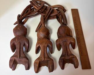 C87 - $80. Vintage African Hand Carved Wood Monkeys. See, Hear and Speak No Evil. Measures 15" W x 13.5 Tall
