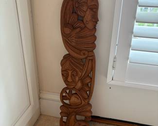 C62 - $30. African Tribal Hand Carved Wood Wall Hanging. Measures 5.5" W x 24.5 " Tall