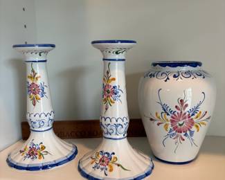 C59 - $25. Hand Painted Portugal Pair of Candle Stick Holders and Vase. Measures Candle Sticks 6.75" Tall, Vase 5.5" Tall