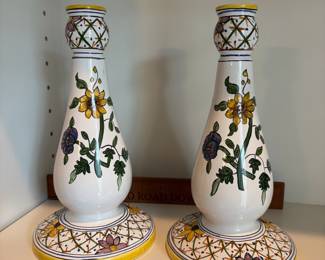 C57 - $20. Pair of Portugal Hand Painted Candle Stick Holders. Measures 9" Tall