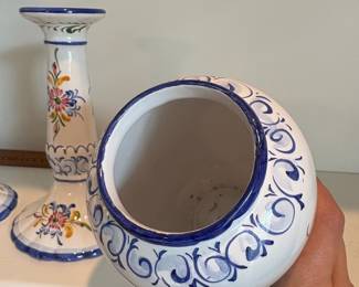 C59 - $25. Hand Painted Portugal Pair of Candle Stick Holders and Vase. Measures Candle Sticks 6.75" Tall, Vase 5.5" Tall