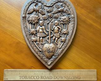 C69 - $20. Adam and Eve in the Garden of Eden Pottery Wall Hanging. Measures 8" W x 10" Tall