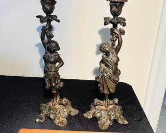 C126 - $175. Pair of Antique Bronze Candlesticks. Classical Female Figures. Measures 13.25" Tall