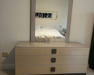 C20 - $350. Dresser & Mirror from Ambiente Modern Furniture. ALF Italian Designs "Mont Blanc" series. Measures 62.5" x 20" x 30.25" tall. Mirror is 39.5" x 42" tall. Moves in 2 pieces. Opens as 3 long drawers but they're divided in the middle. All drawers slide - very good, gently used condition.