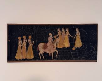 C7 - $60. Framed Indian Painting on cotton or linen. Measures 42" x 18" stretched on wooden frame. Has hole on left center.