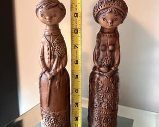 C13 - $125. PAIR of Margit Kovacs Figurines. Mid Century Terra Cotta Figurines by well known Hungarian artist, Margit Kovacs (1902-1977). Girl has chip on the back of her hat. No issues with the boy noted. Measures 10" tallest point.