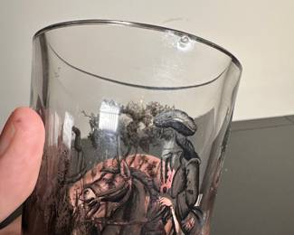 C27 - $80. Bohemian Glass Pokal Schwarzlot. Single glass with hunting scene. There is a bubble near the top rim - not a chip, defect in the handblown glass.