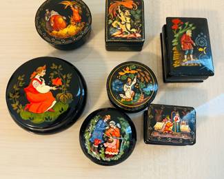 C120 - $75. 7 Piece. Russian Folk Art Hand Painted Black Lacquer Trinket Boxes.